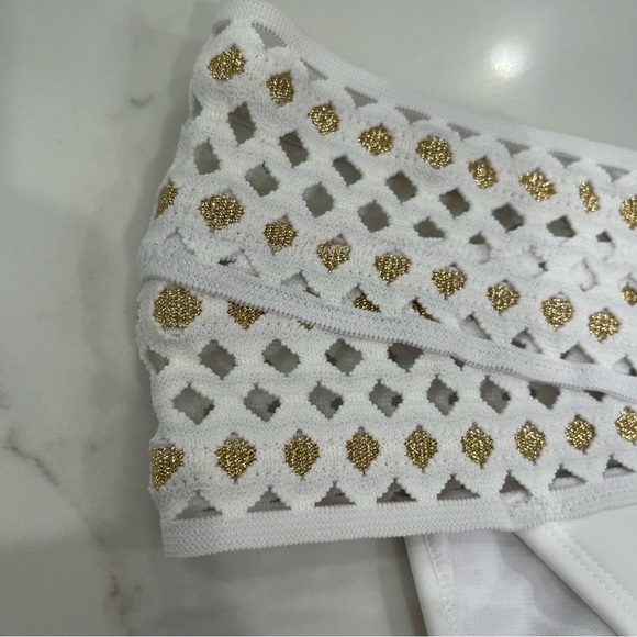 NWT RU Resort White Cut Out Bikini Bottom with Gold Accents - Picture 7 of 15